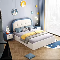 Kids Bed Blue White Upholstered Headboard Star Decor Round Cartoon Art Blue Bedroom City View