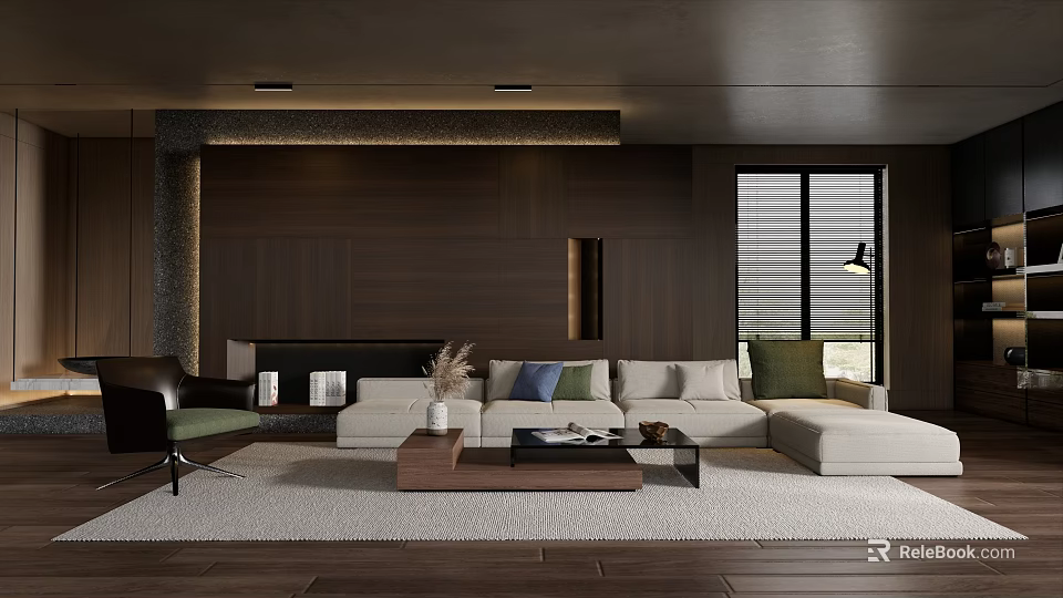 Modern Living Room Interior With Dark Wooden Wall Light Sofa Coffee Table And Window Blinds 3d model 