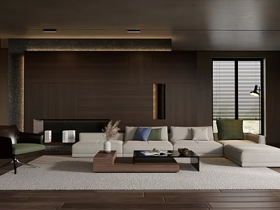 Modern Living Room Interior With Dark Wooden Wall Light Sofa Coffee Table And Window Blinds 3d model