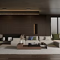 Modern Living Room Interior With Dark Wooden Wall Light Sofa Coffee Table And Window Blinds