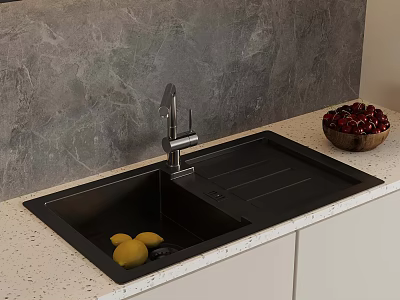 Modern Kitchen Sink Area With Black Double Basin Lemons And Red Berries In Wooden Bowl 3d model