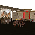 Traditional Chinese Garden Landscape with Thatched Roof Wooden Structure Clay Jars and Red Couplets
