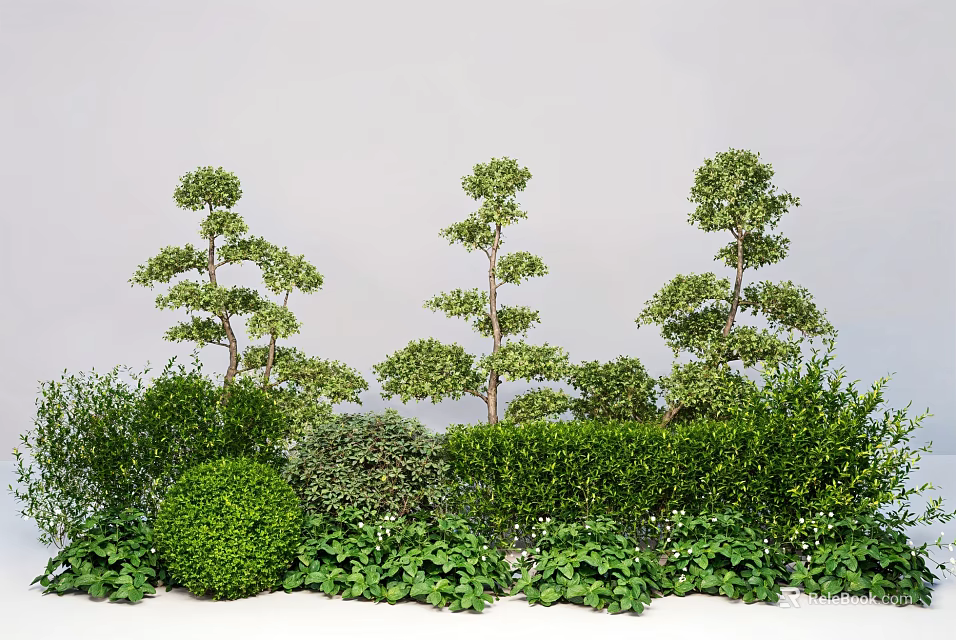 Tall Trees Small Shrubs And Leafy Green Plants In Garden Arrangement 3d model 