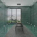Elegant SPA Sauna Interior With Glass Walls Green Tiles And City View Bench