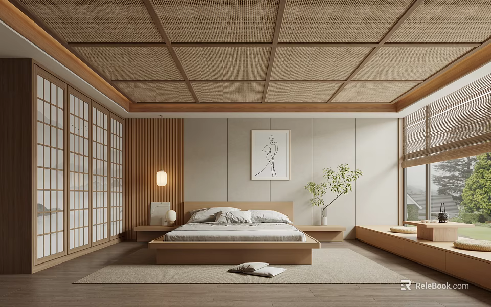 Japanese Style Bedroom With Woven Bamboo Ceiling Shoji Doors And Platform Bed 3d model 