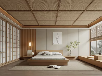 Japanese Style Bedroom With Woven Bamboo Ceiling Shoji Doors And Platform Bed 3d model
