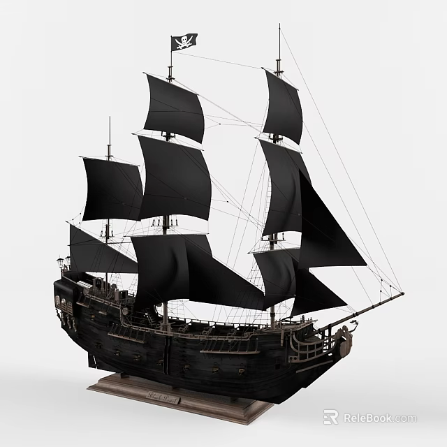 Vintage Black Sailing Ship Model Wall Decor With Wooden Structure And Black Sails 3d model 