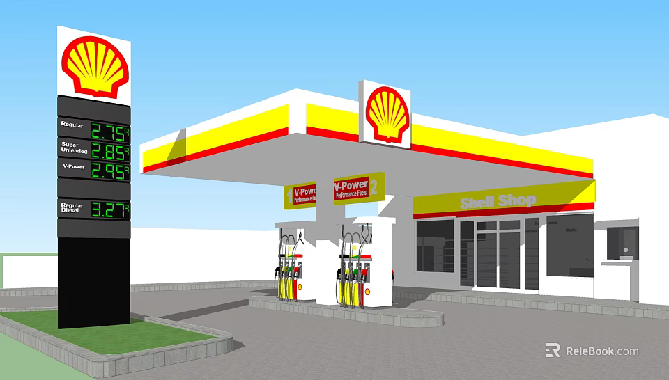 Shell Gas Station With Yellow White Canopy Fuel Pumps Price Display And Shell Shop 3d model 