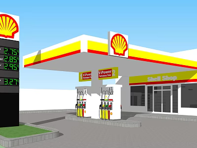 Shell Gas Station With Yellow White Canopy Fuel Pumps Price Display And Shell Shop 3d model