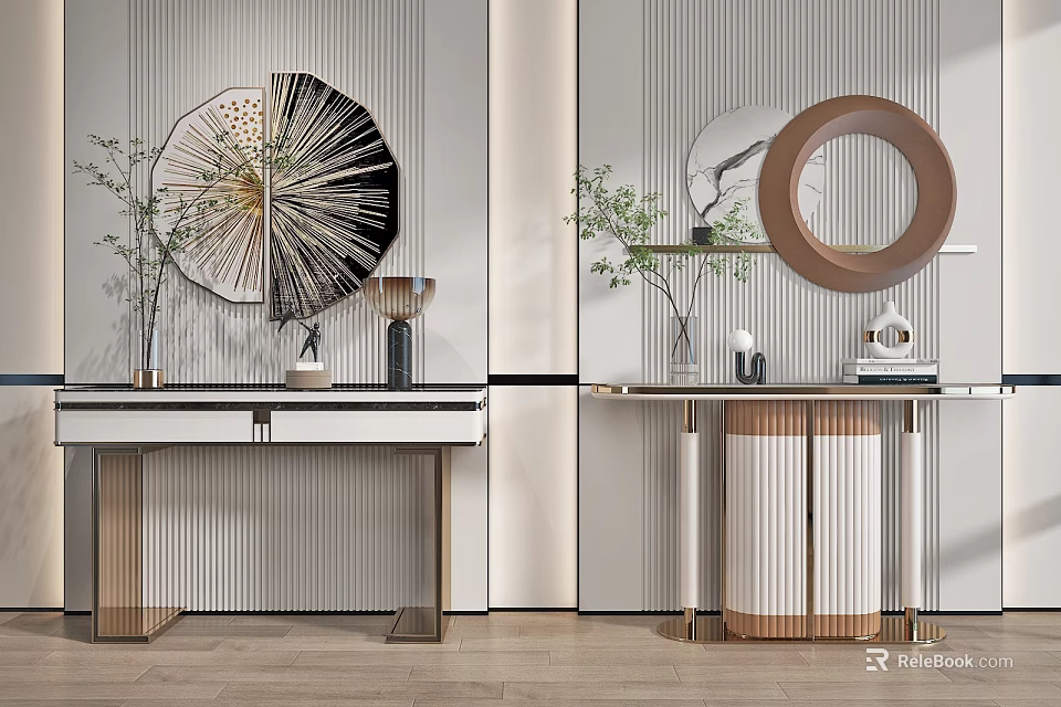 Elegant Modern Console Table With Decorative Mirror Metal Legs And Striped Wall 3d model