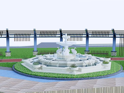 Black Pergola With Blue Columns White Fountain Green Lawn And Stone Pavement 3d model