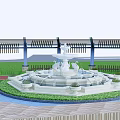 Black Pergola With Blue Columns White Fountain Green Lawn And Stone Pavement