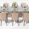 Elegant Modern Dining Table Set With Marble Top And Upholstered Chairs And Table Setting 3d model
