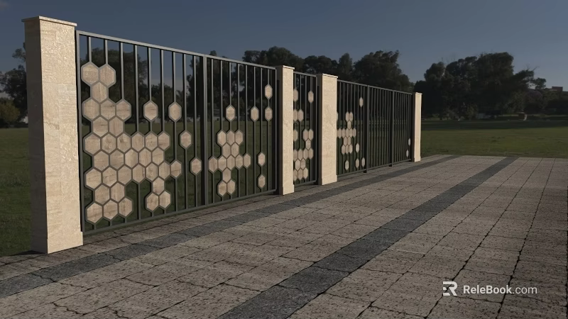 Modern Building Facade With Metal Frame Hexagonal Patterns Trees Grass And Paved Walkway 3d model