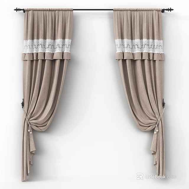 Elegant Brown Curtains With White Lace Trim For Home Interior Decoration 3d model 