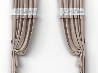 Elegant Brown Curtains With White Lace Trim For Home Interior Decoration 3d model