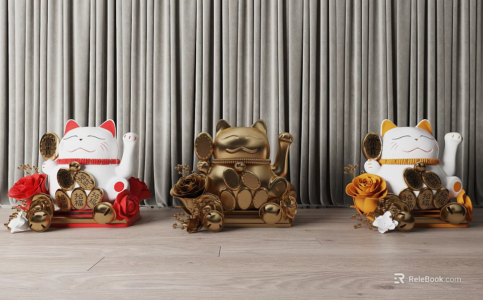 Decorative Ornament Set With Maneki Neko Figurines Red Gold White Gold Coins And Roses 3d model 