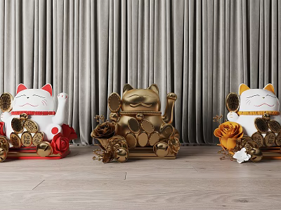 Decorative Ornament Set With Maneki Neko Figurines Red Gold White Gold Coins And Roses 3d model