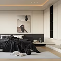 Modern Bedroom With Black Bed Bedside Painting Floor To Ceiling Window And Hanging Lamp