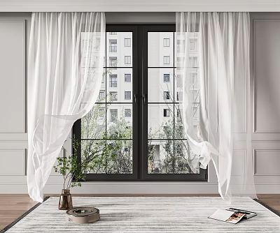 White Sheer Curtains For Window With Indoor Potted Plant And Outdoor Trees 3d model