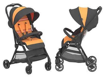 Orange And Black Baby Stroller With Lightweight Foldable Design Sun Canopy And Wheels 3d model