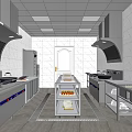 Commercial Kitchen With Stainless Steel Equipment White Tiled Walls Ceiling Lights and Central Shelving