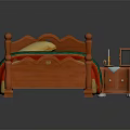 Wooden Single Bed With Yellow Pillow Colorful Striped Quilt And Wooden Posts