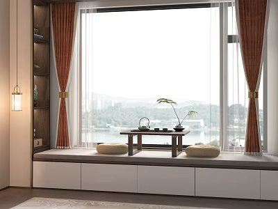 Modern Bay Window Design With Curtains Soft Cushions Storage Drawers Small Table And Scenic View 3d model