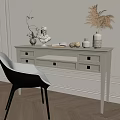 White Desk with Drawers Vases Plants Books and Gray Chair on Wooden Floor White Walls