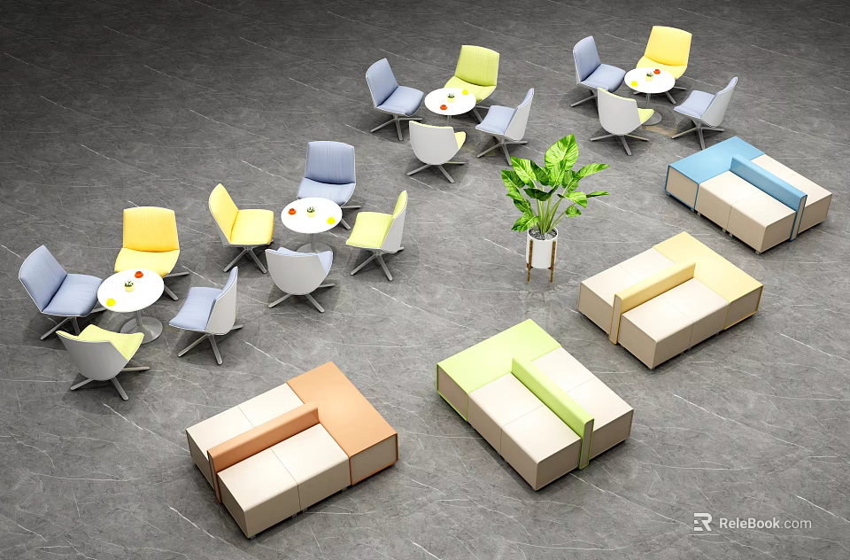 Modern Casual Sofa Set with Round Tables Chairs and Green Plant in Lounge Area 3d model 