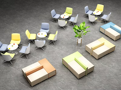 Modern Casual Sofa Set with Round Tables Chairs and Green Plant in Lounge Area 3d model