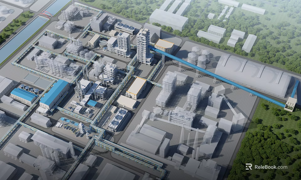 Industrial Equipment In Modern Factory Facility With Pipes Storage Tanks And Structures 3d model 