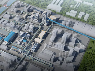 Industrial Equipment In Modern Factory Facility With Pipes Storage Tanks And Structures 3d model