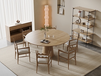 Nordic Log Style Dining Table and Chair Combination Round Dining Table Six-person Storage Rack Sideboard Vase Ornaments Floor Lamp 3d model