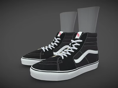 Black and White High Top Shoes Featuring White Laces Sole Side Stripe and Red Logo 3d model