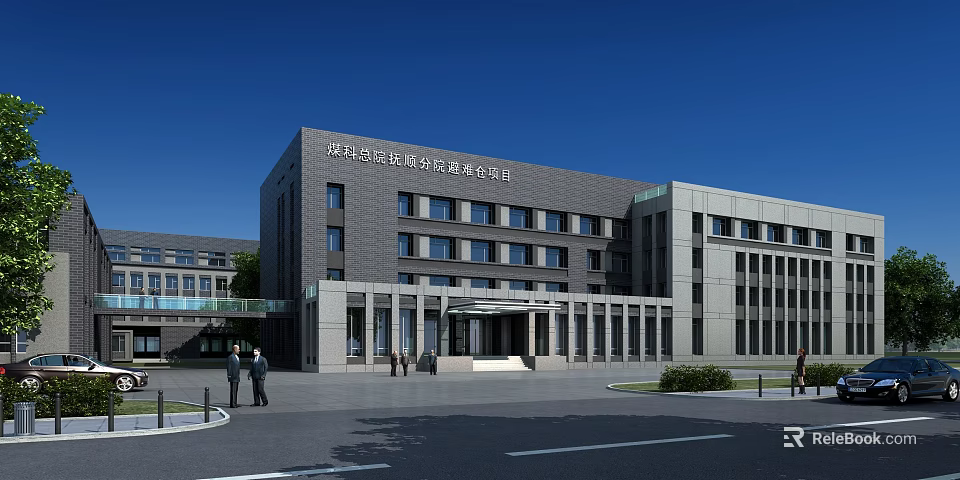Modern Office Building Exterior With Multiple Windows Entrance And People Standing 3d model 