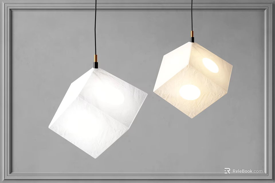 Modern Two White Cube Shaped Paper Pendant Lights Hanging Against Gray Wall 3d model