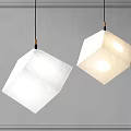 Modern Two White Cube Shaped Paper Pendant Lights Hanging Against Gray Wall 3d model