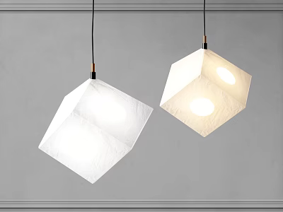 Modern Two White Cube Shaped Paper Pendant Lights Hanging Against Gray Wall 3d model