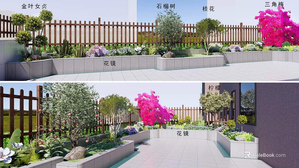 Diverse Garden Plant Combination With Photinia Tree Osmanthus Flower Border And Wooden Fence Stone Path 3d model 
