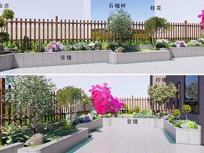 Diverse Garden Plant Combination With Photinia Tree Osmanthus Flower Border And Wooden Fence Stone Path 3d model