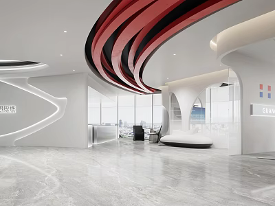 Modern Reception Desk Area With Red Black Curved Decor White Interior Large Windows And Marble Flooring 3d model