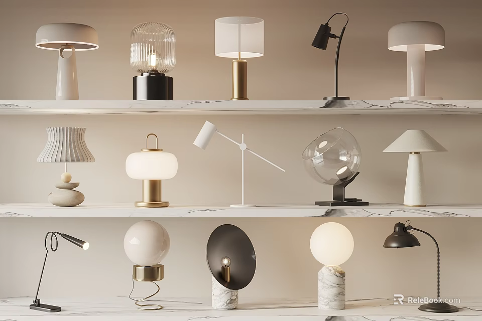 Modern Stylish Table Lamps Collection With Various Designs On Shelves 3d model 