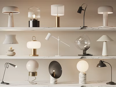 Modern Stylish Table Lamps Collection With Various Designs On Shelves 3d model