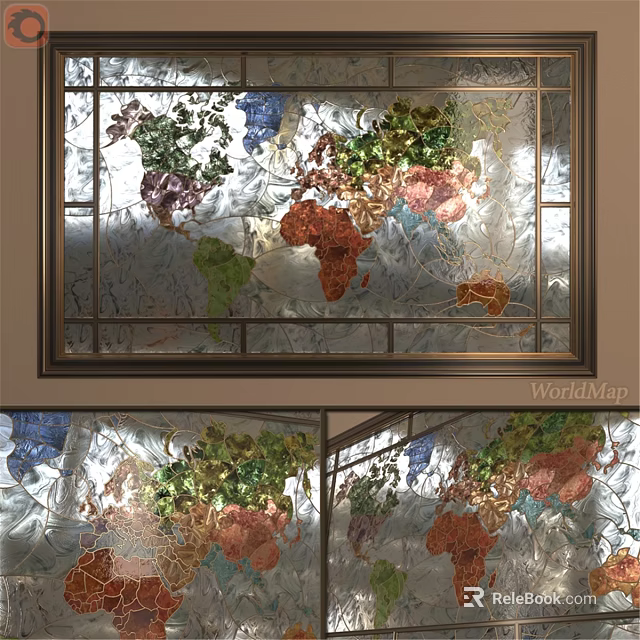 Decorative Casement Window With Colorful World Map Artistic Glass And Metal Frame 3d model 