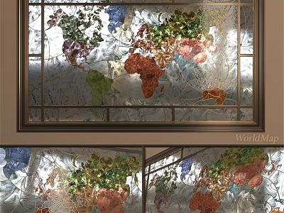 Decorative Casement Window With Colorful World Map Artistic Glass And Metal Frame 3d model