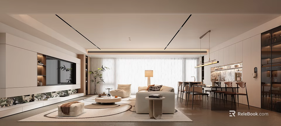 Modern Living And Dining Room Interior With Sofa Coffee Table Dining Set And Large Window 3d model 