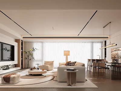Modern Living And Dining Room Interior With Sofa Coffee Table Dining Set And Large Window 3d model