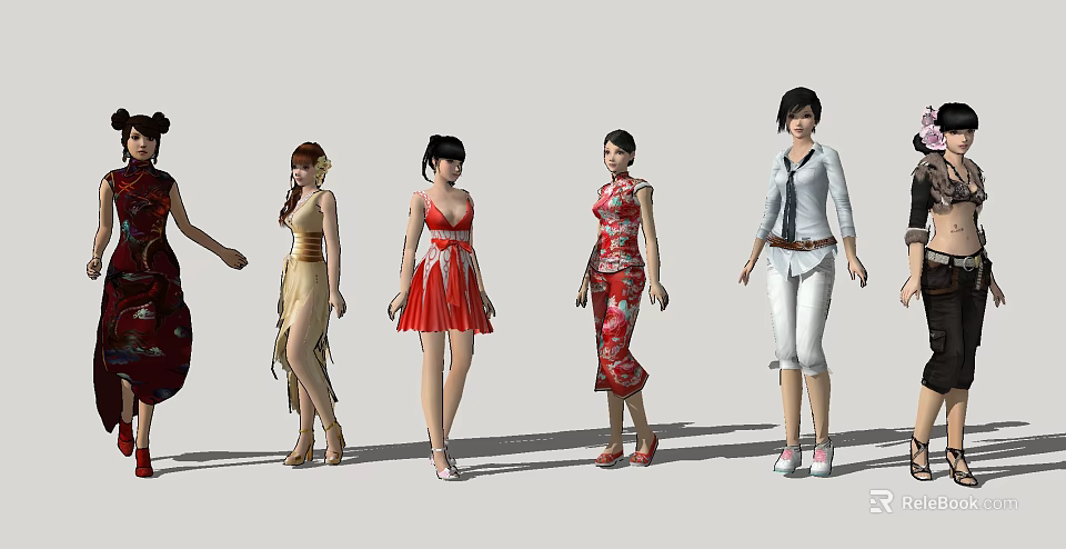Women in Various Stylish Outfits Showcasing Traditional and Modern Fashion 3d model 