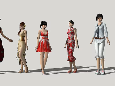 Women in Various Stylish Outfits Showcasing Traditional and Modern Fashion 3d model